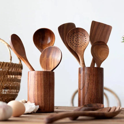 Teak Wood Kitchen Utensil Set, Wooden Cooking Utensils Safe for Nonstick Cookware