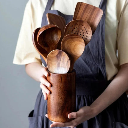 Teak Wood Kitchen Utensil Set, Wooden Cooking Utensils Safe for Nonstick Cookware – image 5