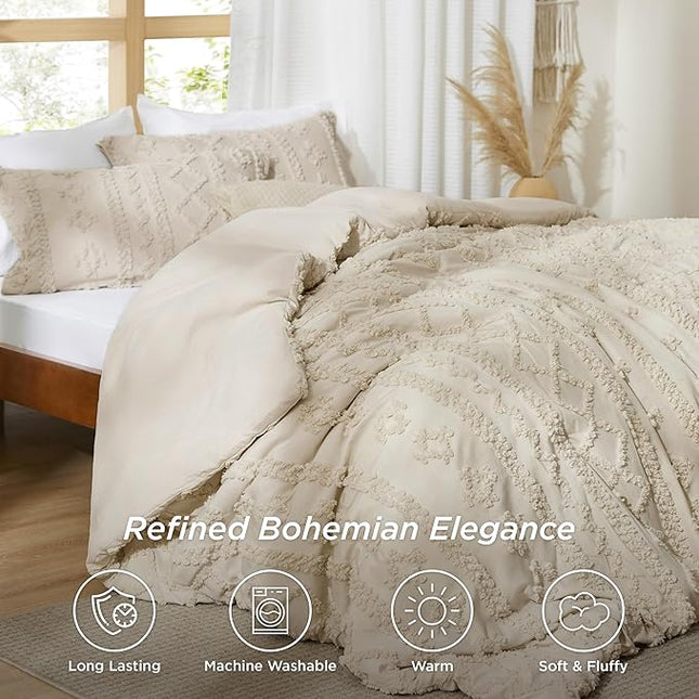Duvet Cover Set, Boho Tufted Duvet Cover with Pillow Shams, Breathable Microfiber Boho Bedding for All Seasons_01