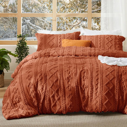 Duvet Cover Set, Boho Tufted Duvet Cover with Pillow Shams, Breathable Microfiber Boho Bedding for All Seasons