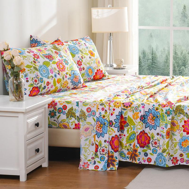 Bed Sheets, Floral Sheet Set with Fitted Sheet, Flat Sheet and 2 Pillowcases, Soft Breathable Microfiber Sheets_01