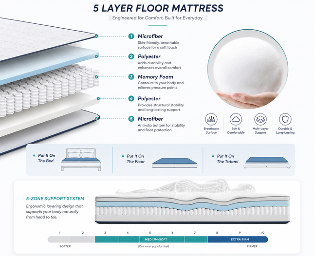Japanese Floor Bed, 4 Inch Thick Futon Mattress, Foldable Tatami Sleeping Pad, Roll Up Floor Bed for Adults & Kids