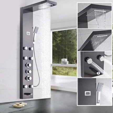 Shower Panel Tower System with Rainfall Head and Body Jets, Stainless Steel Thermostatic Shower Faucet with Handheld