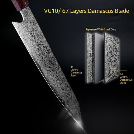 Japanese Chef Knife 8 Inch, VG10 Damascus Steel Kitchen Knife with Stabilized Wood Handle for Home Cooking – image 5