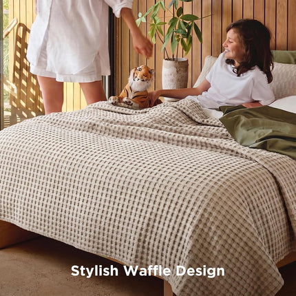 Cozy Haven | Cooling Waffle Queen Blanket with Lightweight Cotton & Bamboo | Soft Summer Throw for Hot Sleepers