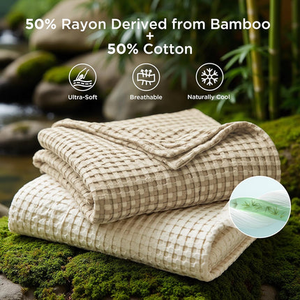 Cozy Haven | Cooling Waffle Queen Blanket with Lightweight Cotton & Bamboo | Soft Summer Throw for Hot Sleepers