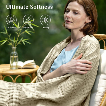 Cooling Waffle Blanket  – Lightweight Breathable Cotton Summer Blanket of Rayon Derived from Bamboo for Hot Sleepers, Soft Cozy Blankets with Ideal Weight for Bed, White, 90"x90"