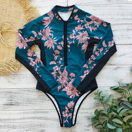 Long Sleeve Bathing Suit for Women, One Piece Swimsuit with Zipper