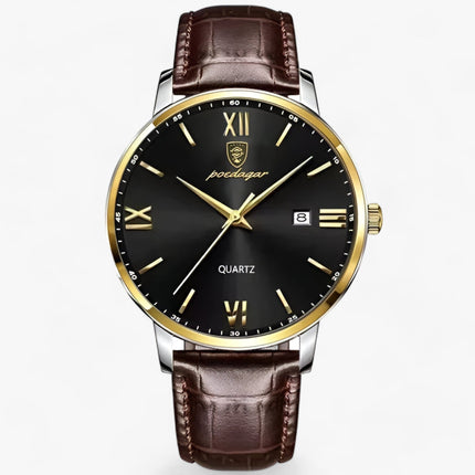 Mens Quartz Watch with Leather Strap, Gold and Silver Analog Watch
