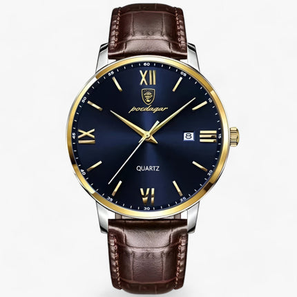 Mens Quartz Watch with Leather Strap, Classic Leather Watch with Buckle Closure