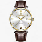 Mens Quartz Watch with Leather Strap, Gold and Silver Analog Watch, Classic Leather Watch with Buckle Closure