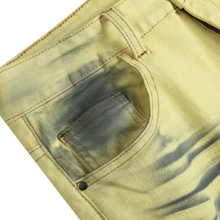 Mens Ripped Jeans, Stretch Distressed Jeans with Zip Fly and Button Closure