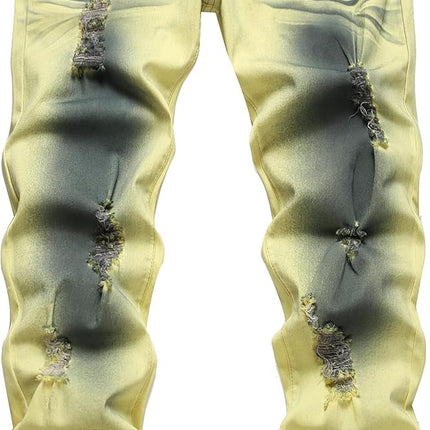 Mens Ripped Jeans, Slim Fit Jeans for Men, Stretch Distressed Jeans with Zip Fly and Button Closure