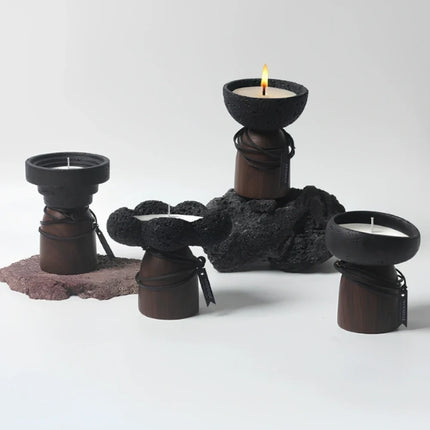 Cement and Wood Candle Holder with Textured Elegance | Versatile Decor for Wax Candles and Greenery