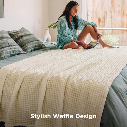 Cozy Haven | Cooling Waffle Queen Blanket with Lightweight Cotton & Bamboo | Soft Summer Throw for Hot Sleepers