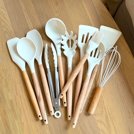 Silicone Kitchen Utensils Set, 11 Piece Cooking Utensils Set with Wooden Handles