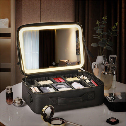 Makeup Bag with Mirror, Travel Makeup Organizer with LED Light and Compartments – image 8