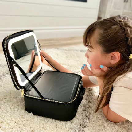 Makeup Bag with Mirror, Travel Makeup Organizer with LED Light and Compartments