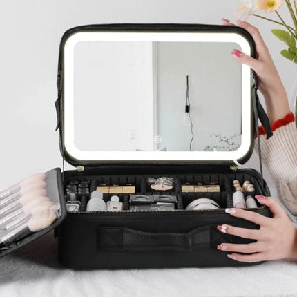Makeup Bag with Mirror, Travel Makeup Organizer with LED Light and Compartments – image 4