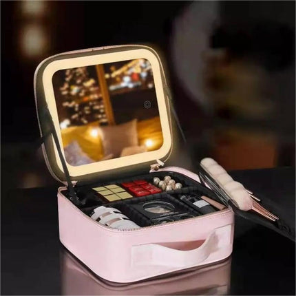 Makeup Bag with Mirror, Travel Makeup Organizer with LED Light and Compartments, Cosmetic Bag, PU Leather Makeup Case