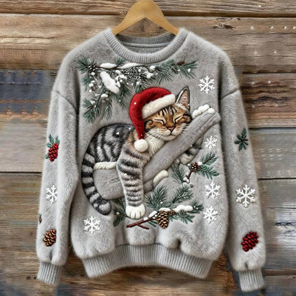 Cat Christmas Sweater, Cat Sweaters with 3D Applique for Winter, Kitten Sweater, Plush Knit Cat Clothes