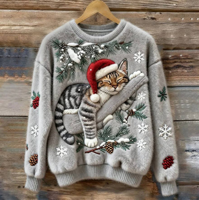 Cat Christmas Sweater, Cat Sweaters with 3D Applique for Winter, Kitten Sweater, Plush Knit Cat Clothes_00