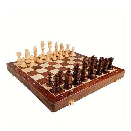Wooden Chess Board Set, Folding Walnut Board with Handcrafted Weighted Chess Pieces and Storage