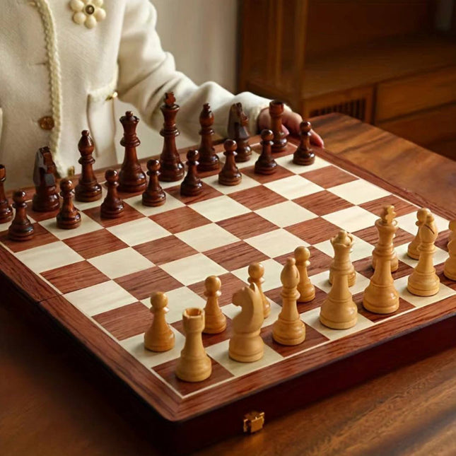 Wooden Chess Board Set, Folding Walnut Board with Handcrafted Weighted Chess Pieces and Storage, Travel Chess Set