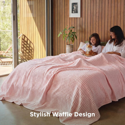 Cozy Haven | Cooling Waffle Queen Blanket with Lightweight Cotton & Bamboo | Soft Summer Throw for Hot Sleepers
