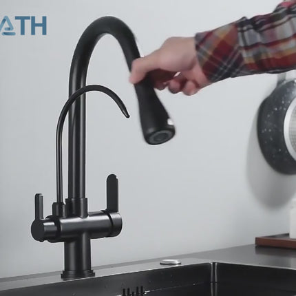 Antique Brass Kitchen Faucet with Sprayer, Pull Out Kitchen Sink Faucet with Two Handles – image 9