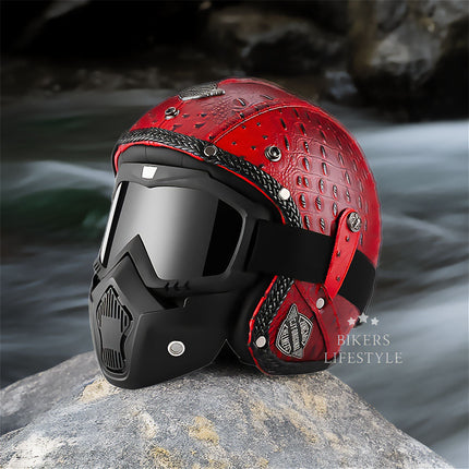 DOT Motorcycle Helmet Open Face, Retro PU Leather Helmet ECE Certified, Vintage Biker Helmet for Chopper and Cruiser