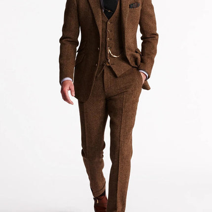 Mens Suits, Tweed 3 Piece Suit, Herringbone Tailored Suit for Wedding and Formal Wear