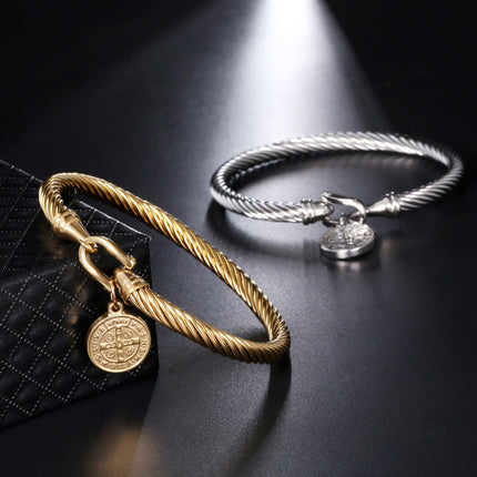 Saint Benedict Charm Bracelet, Catholic Cross Bracelets for Women, Christian Jewelry in Gold or Silver