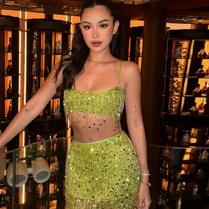 Matching Set for Women, Sequin Two Piece Set with Crop Top and Mini Skirt