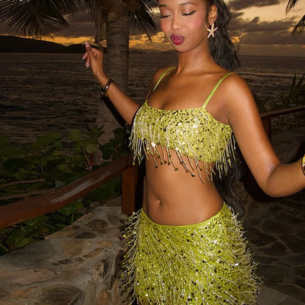 Matching Set for Women, Sequin Two Piece Set with Crop Top and Mini Skirt, Rave Outfit, Summer Outfit for Festivals