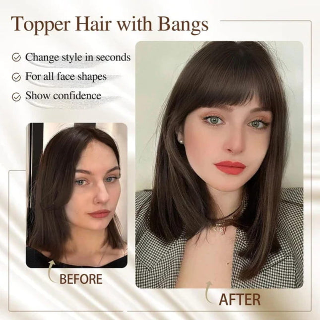 Womens Hairpiece with Bangs, Synthetic Hair Extensions for Volume, Natural Hair Piece with Adjustable Bang_01