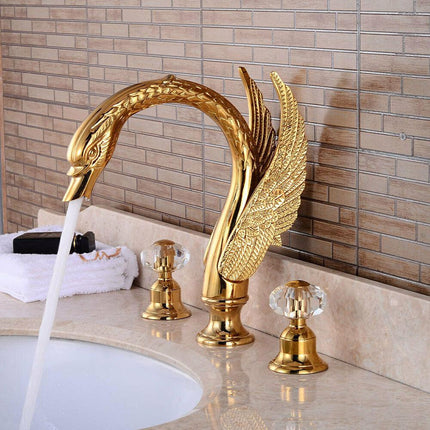 Gold Bathroom Faucet, 3 Hole Bathroom Sink Faucet with Two Crystal Handles, Deck Mount Swan Faucet with Aerator