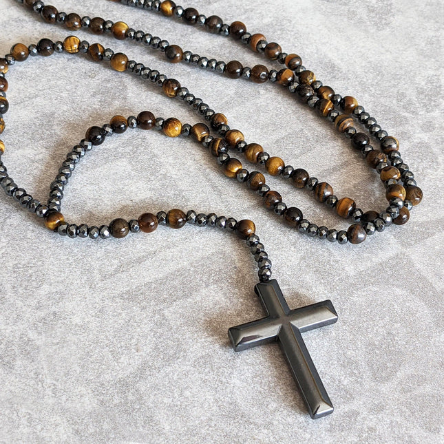 Cross Necklace for Men, Tiger Eye and Lapis Lazuli Rosary Beads Necklace
