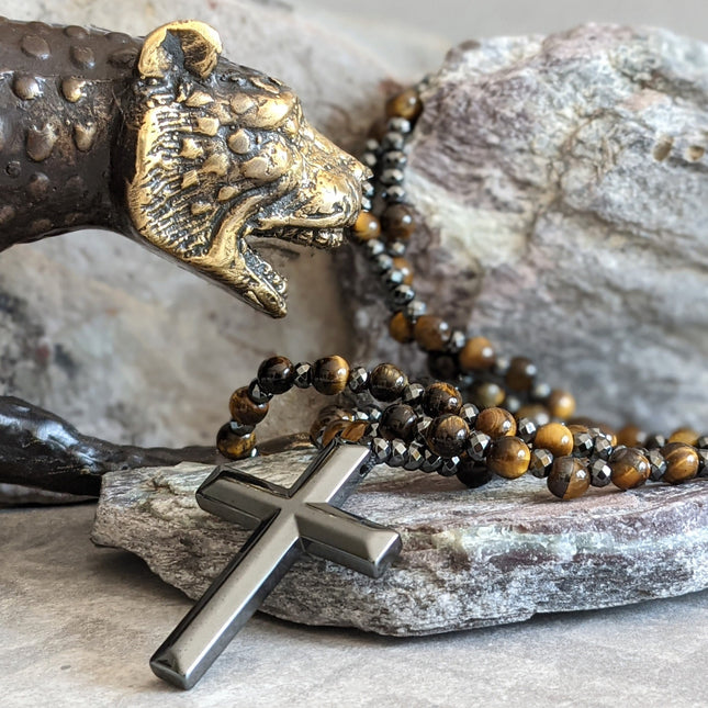 Cross Necklace for Men, Tiger Eye and Lapis Lazuli Rosary Beads Necklace, Mens Beaded Necklace with Cross Pendant