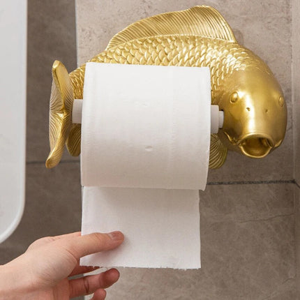 Toilet Paper Holder No Drill, Gold Toilet Paper Holder in Carp Fish Design, Funny Toilet Roll Holder for Bathroom Decor