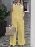 Matching Sets for Women, Womens Two Piece Set with Sleeveless Blouse, Linen Wide Leg Pants Set for Summer Outfits