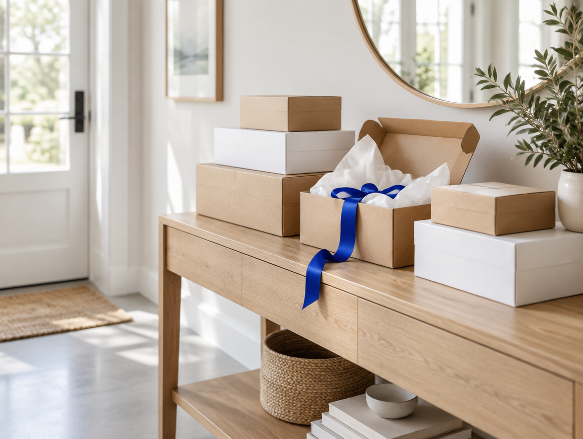 Delivery boxes on an entryway console, one tied with a blue ribbon