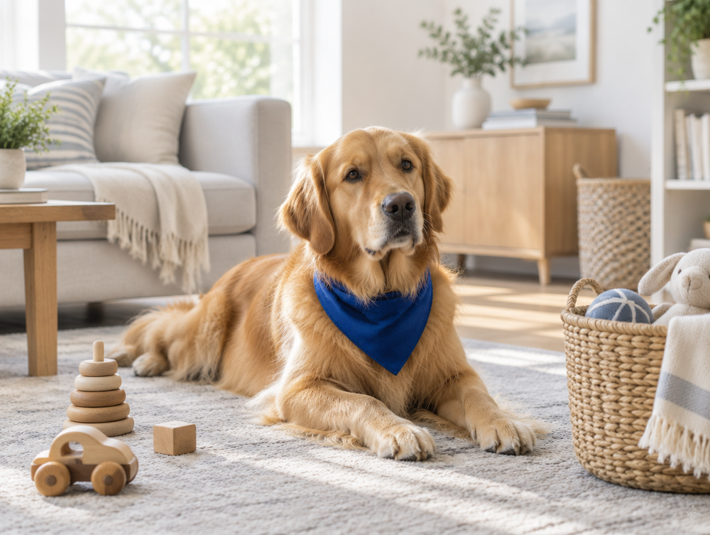 Golden retriever in a blue bandana beside wooden toys