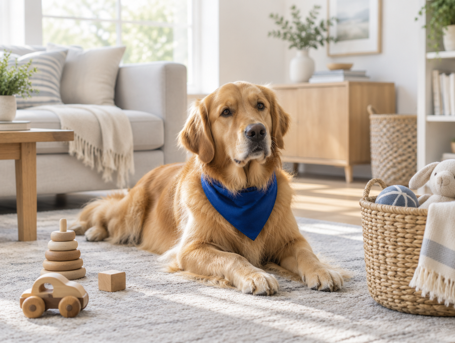 Golden retriever in a blue bandana beside wooden toys