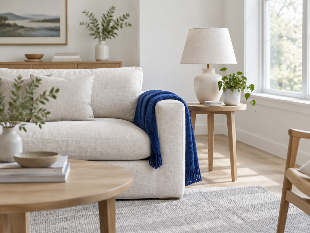 Bright living room with a blue throw on a linen sofa