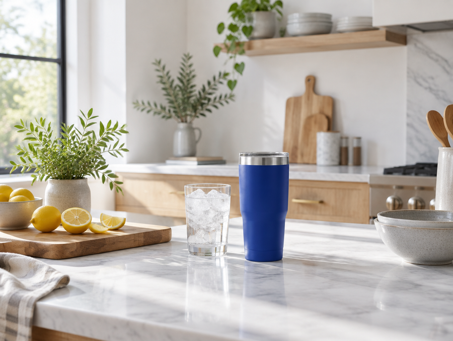Marble kitchen counter with a blue tumbler and lemons