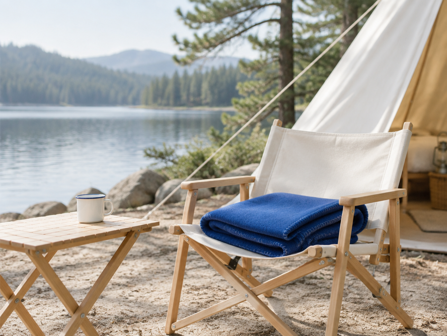 Lakeside campsite with a blue blanket on a camp chair