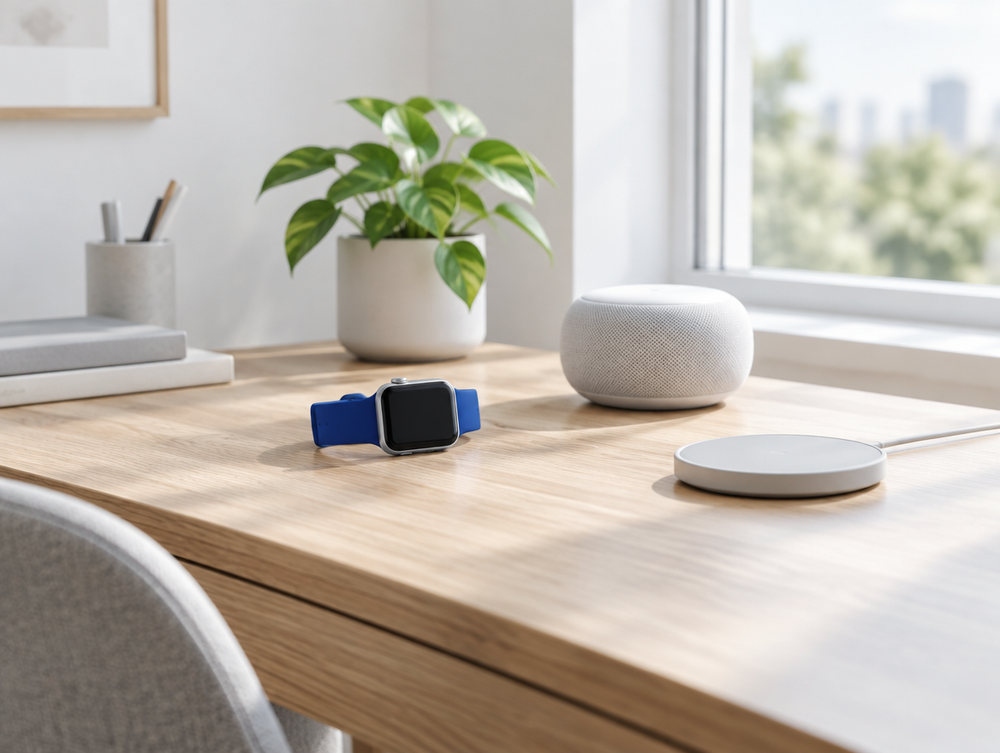 Oak desk with a smartwatch, speaker and wireless charger