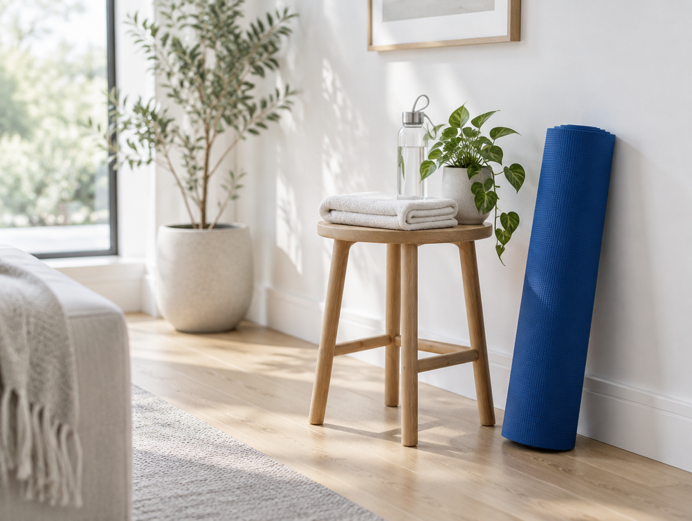 Wellness corner with a blue yoga mat and oak stool