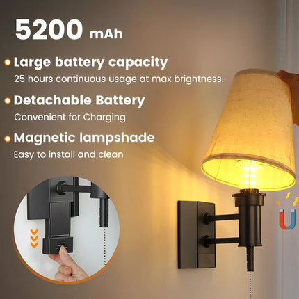 Cordless Wall Lamp with Fabric Shade & Remote Control | Dimmable Lighting for Elegant Ambiance